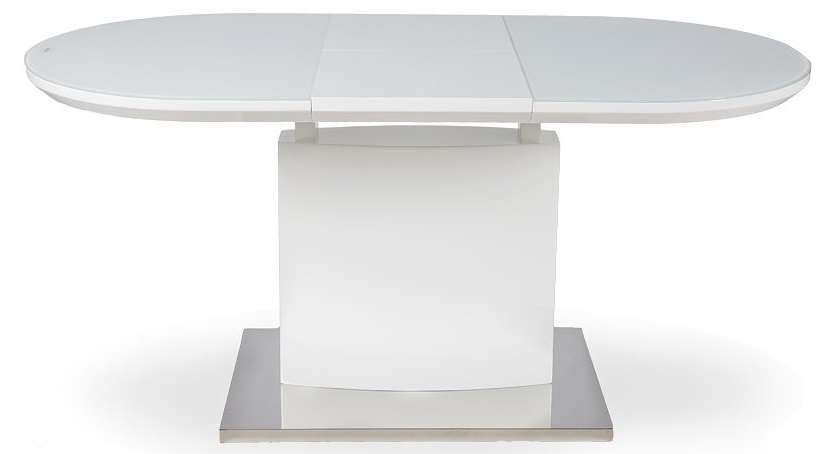 Обеденный стол из закаленного стекла, цвет белый, в разложенном виде.