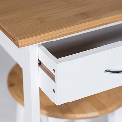 Кухонный столик из прессованного бамбука с двумя ящиками и двумя табуретами. Цвет основы белый.