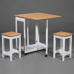 Кухонный столик на роликах с двумя табуретами и откидной столешницей. Изготовлены из массива сосны и прессованного бамбука