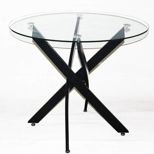 Круглый стеклянный стол с прозрачной столешницей и металлическими ножками черного цвета