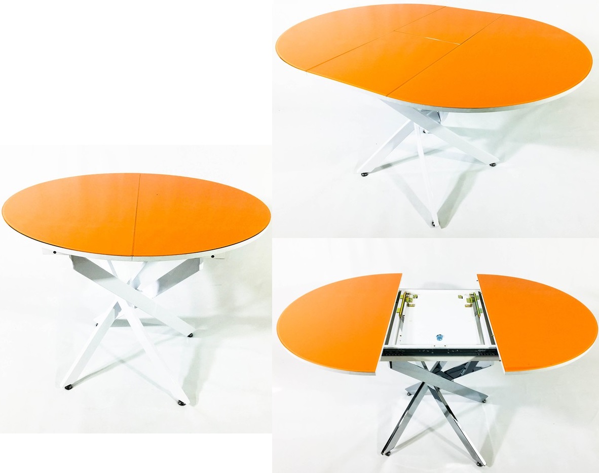 Круглый раздвижной стеклянный стол на перекрестных ножках. Цвет ножек белый, хром. Цвет стекла оранжевый