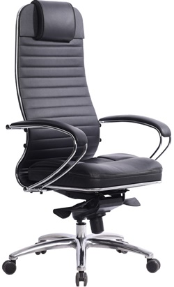 Эргономическое кресло из кожи черного цвета на металлическом каркасе с механизмом качания 
