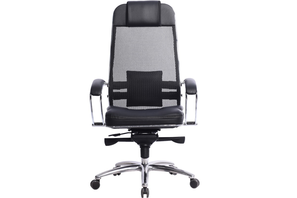 Эргономическое кресло с мягким сиденьем на металлическом каркасе, обивка сиденья кожа, спинка-сетчатая ткань черного цвета
