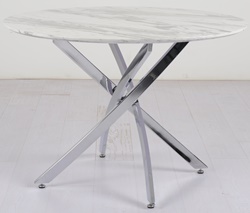 Круглый обеденный стол, столешница МДФ в белом цвете, ножки хромированный металл