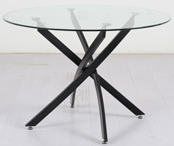 Круглый обеденный стол, столешница из прозрачного стекла, ножки металл в черном цвете