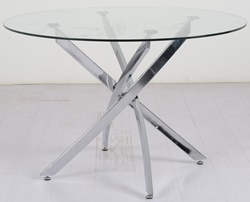 Круглый обеденный стол, столешница из прозрачного стекла, ножки хромированный металл