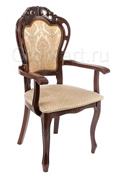 Кресло деревянное мягкое. Спинка резная. Цвет вишня. Обивка из ткани с рисунком