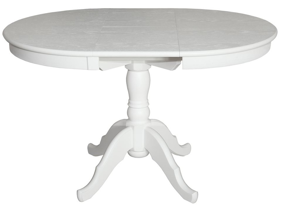 Обеденный белый раскладной стол из дерева в разложенном виде.