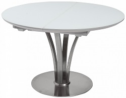 Раскладной стеклянный стол на металлическом основании. Столешница - закаленное стекло белого матового цвета.