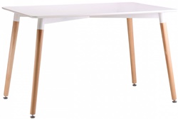 Прямоугольный стол из дерева на металлическом каркасе в современном стиле. Столешница белая.