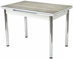 Раскладной прямоугольный обеденный стол из МДФ и стекла, цвет столешницы коричневый, каркас хром