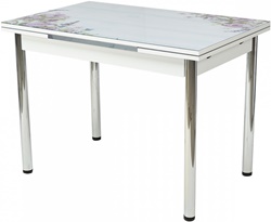 Кухонный раскладной белый стол, столешница из стекла с фоторисунком, ножки металл. Вариант 1