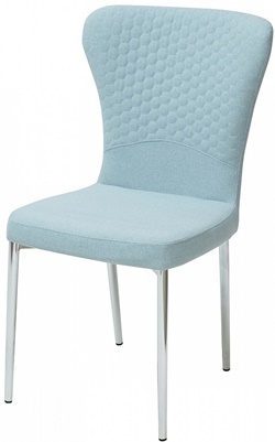 Современный, комфортный стул из ткани нежно-голубого цвета,спинка декорирована строчкой в виде сот, ножки хромированная труба