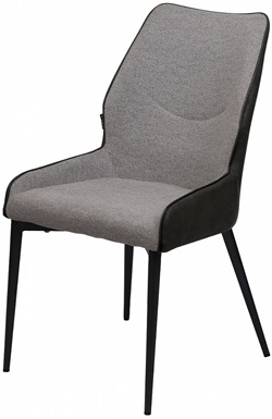 Мягкий стул на металлических ножках черного цвета, передняя часть сиденья обита тканью светло-серого меланжевого цвета, спинка обита экокожей в цвете антрацит