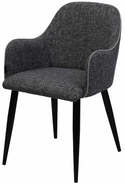 Стул-кресло с подлокотниками, на черных металлических ножках, мягкое сиденье обито тканью серого меланжевого цвета со светло-серым декоративным кантом