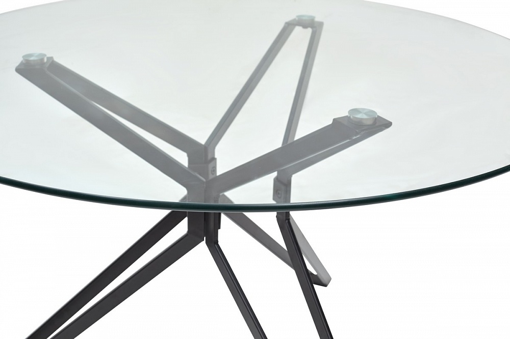 Круглый стеклянный стол на металлической опоре черного цвета, столешница прозрачное, закаленное стекло