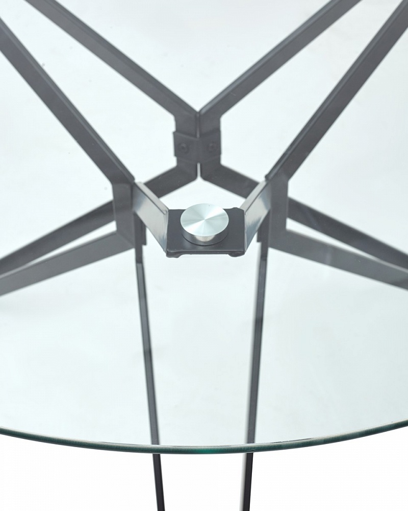 Круглый стеклянный стол на металлической опоре черного цвета, столешница прозрачное, закаленное стекло
