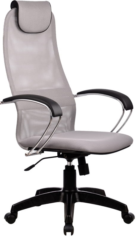 Эргономическое кресло, мягкое сиденье комбинированное ткань-сетка светло-серого цвета, каркас сталь