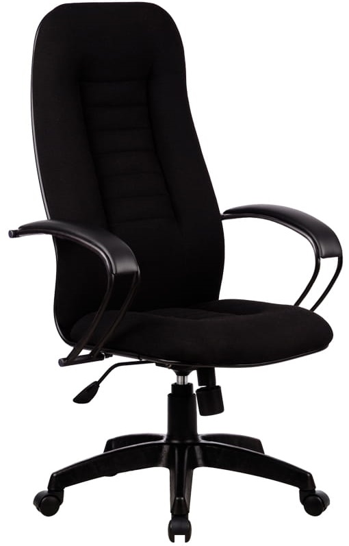 Эргономическое офисное кресло, сиденье и спинка мягкие обиты тканью черного цвета, каркас сталь