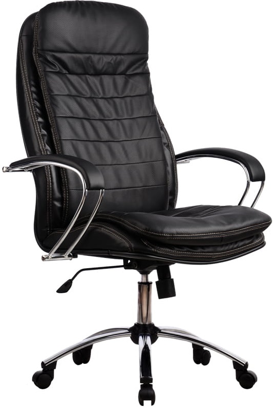 Эргономическое стул- кресло на стальном каркасе, сиденье из натуральной кожи черного цвета 