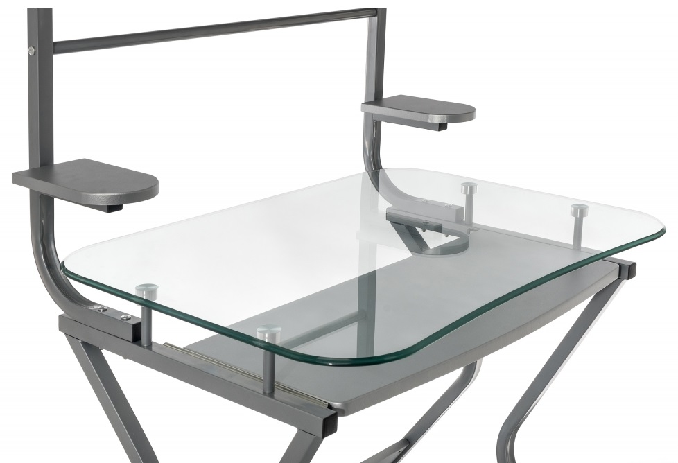 Компьютерный стол из стекла и металла. Столешница прозрачная.