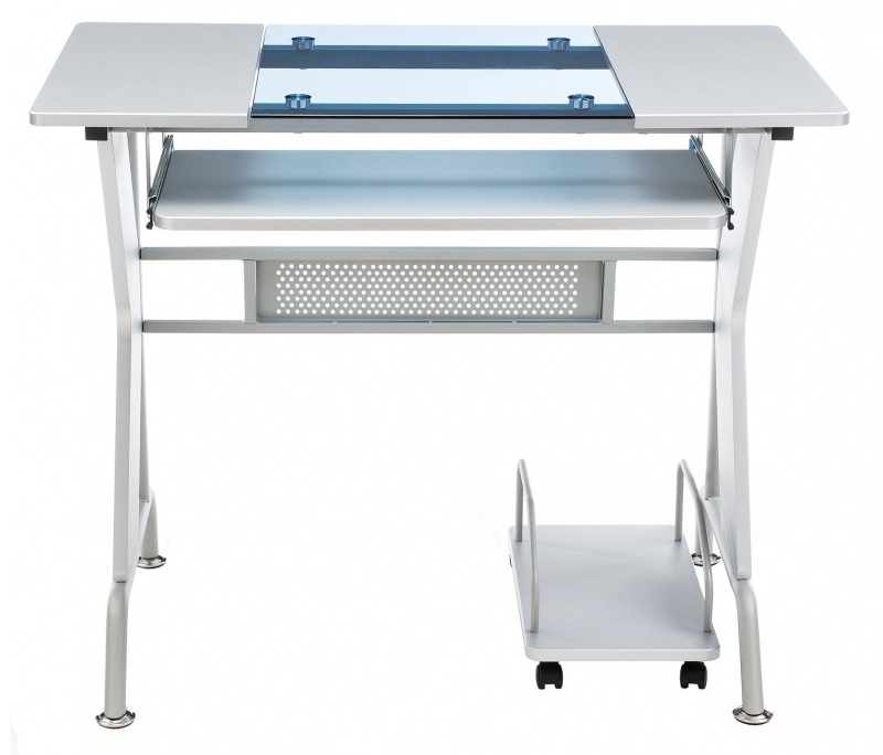 Компьютерный стол из стекла и МДФ. Цвет прозрачный/песочно-серебристый.