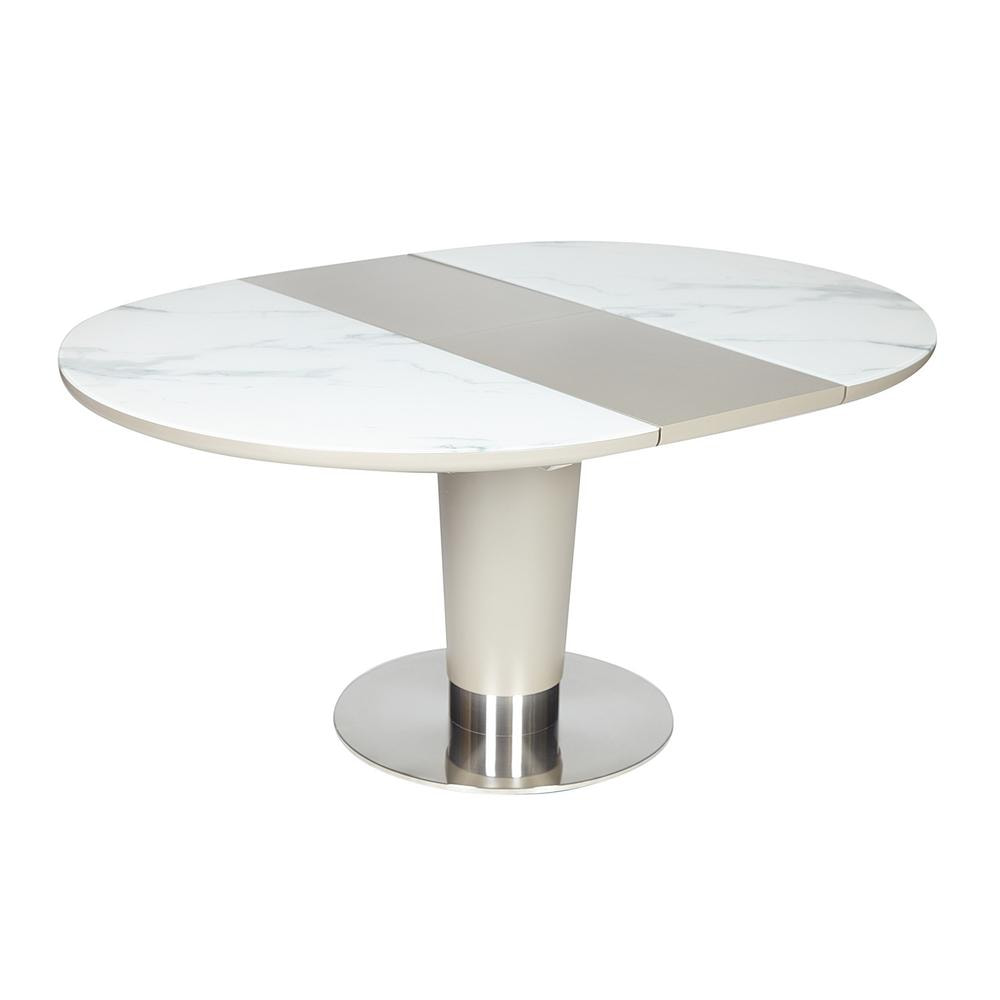 Белый, раскладной обеденный стол, столешница МДФ+стекло, опора МФД+металл