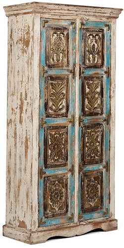 Двухдверный шкаф для белья из дерева манго, декорирован металлом, ручная резьба