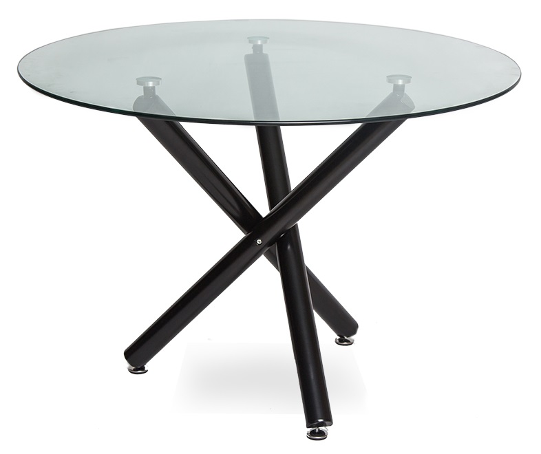 Круглый стол на скрещенных металлических опорах. Столешница из прозрачного стекла. 