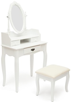 Белый туалетный столик из натурального дерева с зеркалом и мягким пуфом