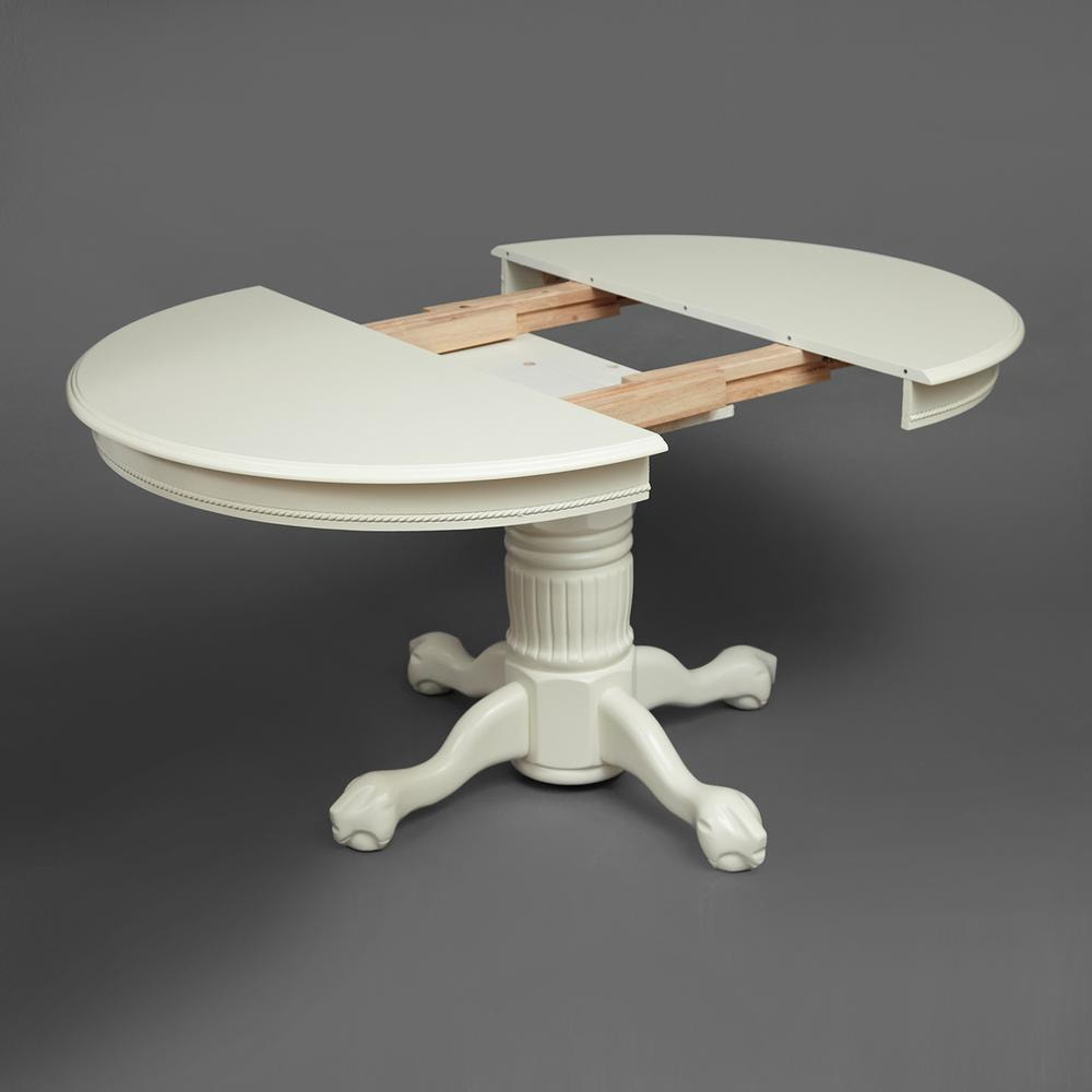 Круглый раскладной стол, цвет слоновая кость, опора и ножки дерево гевея, столешница шпонированный МДФ