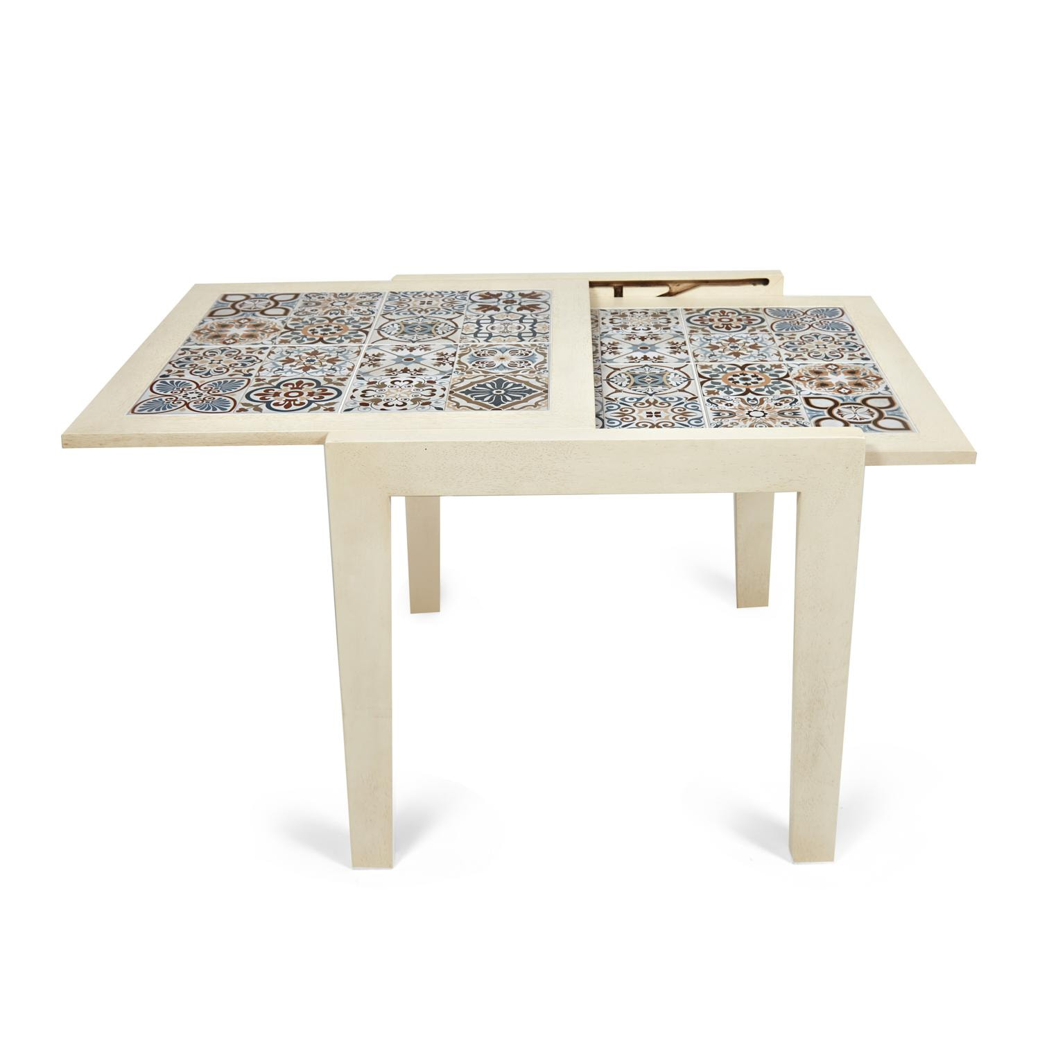 Раскладной обеденный стол из массива гевеи, цвет: античный белый, столешница из плитки с марокканским рисунком