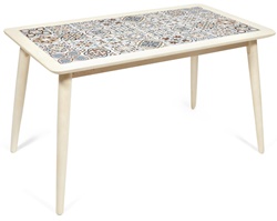 Нераскладной обеденный стол из массива гевеи, цвет античный белый, столешница из плитки с марокканским рисунком