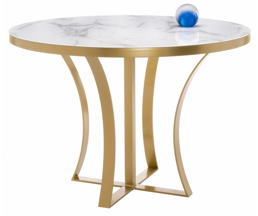 Обеденный стол на металлокаркасе со стеклянной столешницей. Цвет белый мрамор.