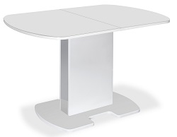 Стол на одной опоре из ЛДСП. Столешница со стеклом. Цвет белый/белый глянец.