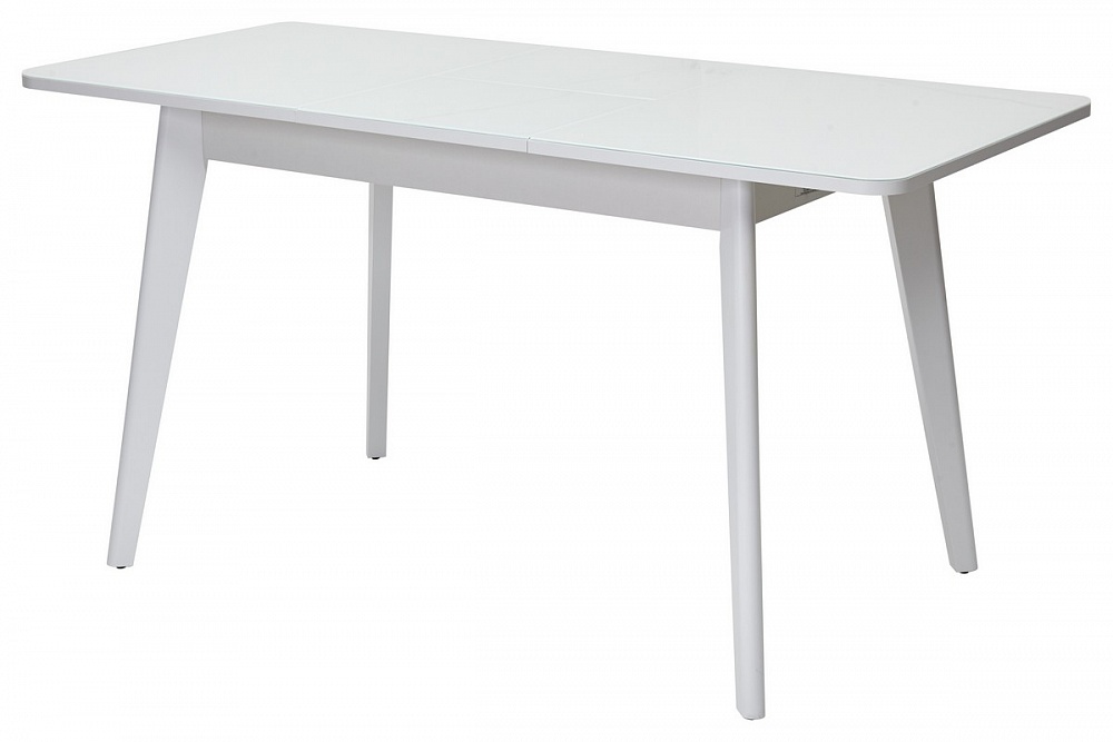 Раскладной стол, столешница МДФ +стекло закаленное с фаской, цвет белый глянец, ножки массив бука