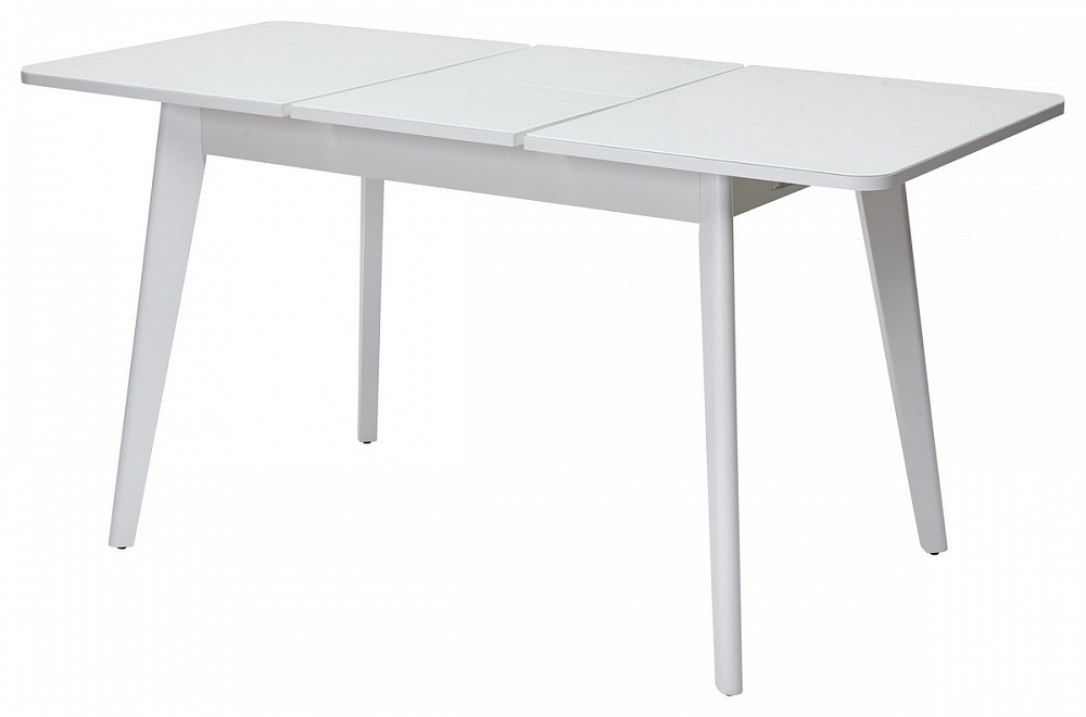 Раскладной стол, столешница МДФ +стекло закаленное с фаской, цвет белый глянец, ножки массив бука