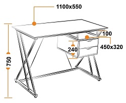 Современный письменный стол на металлокаркасе с двумя ящиками. Размеры.