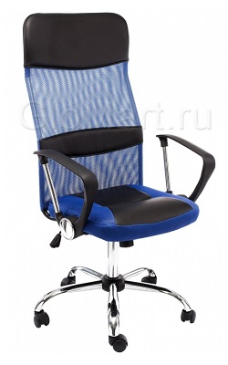 Кресло компьютерное из ткани и экокожи. Цвет синий.