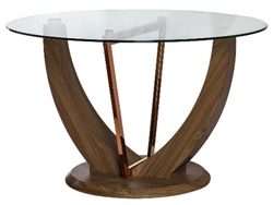 Круглый обеденный стол, столешница прозрачное стекло, основание металл+МДФ цвета карамельный дуб