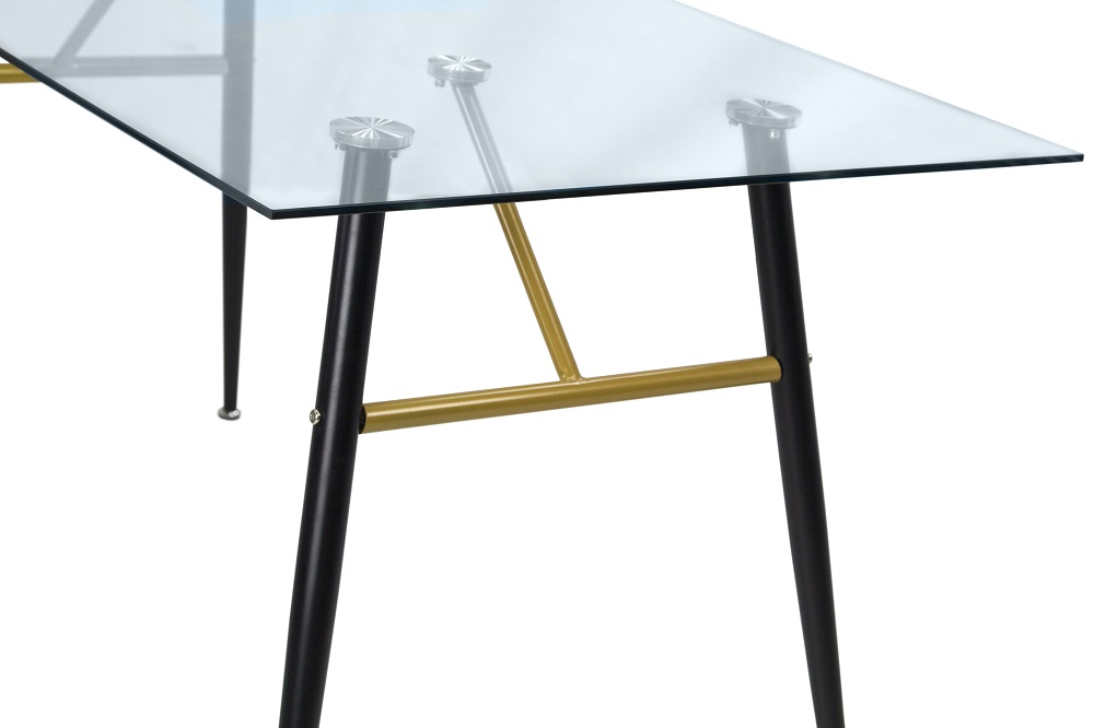 Стол обеденный, столешница прозрачное стекло, каркас металлический, черный с золотым декором