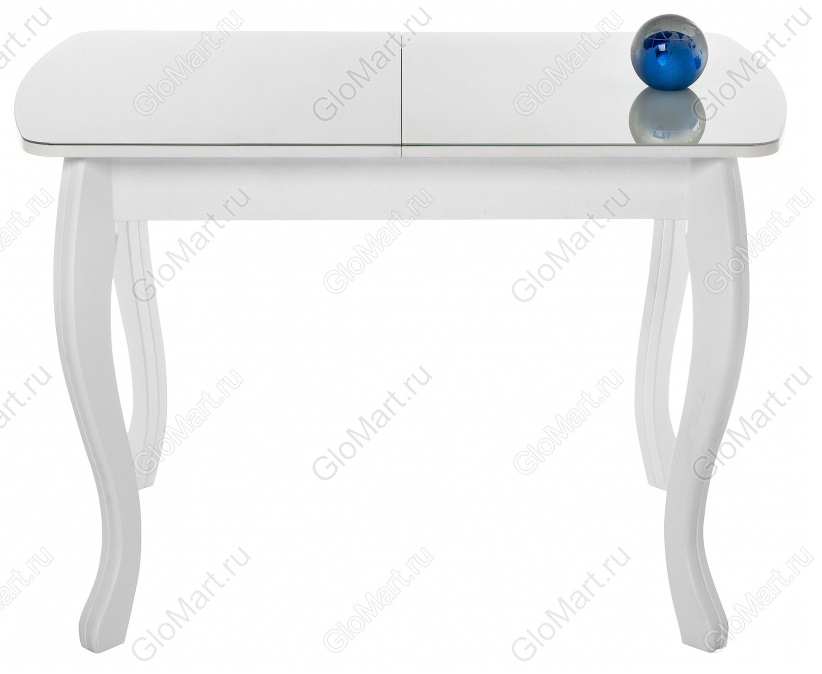 Раздвижной стол со стеклом на основе из МДФ. Цвет белый.