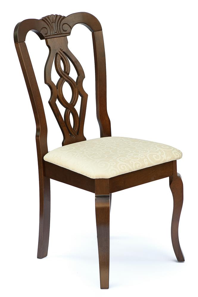 Деревянный стул с резной спинкой, цвет темный орех, мягкое сиденье обито кремовой тканью с рисунком