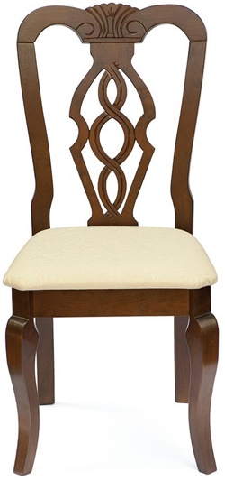 Деревянный стул с резной спинкой, цвет темный орех, мягкое сиденье обито кремовой тканью с рисунком