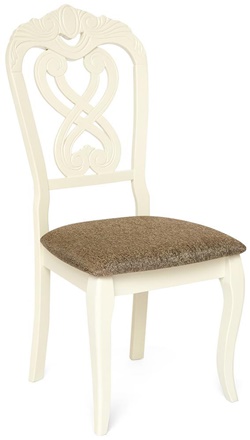 Деревянный стул с резной спинкой, цвет Ivory white (слоновая кость), мягкое сиденье обито коричневой тканью 