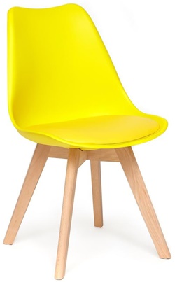 Стул из пластика желтого цвета с накладкой из полиуретана, деревянные ножки из бука натурального цвета