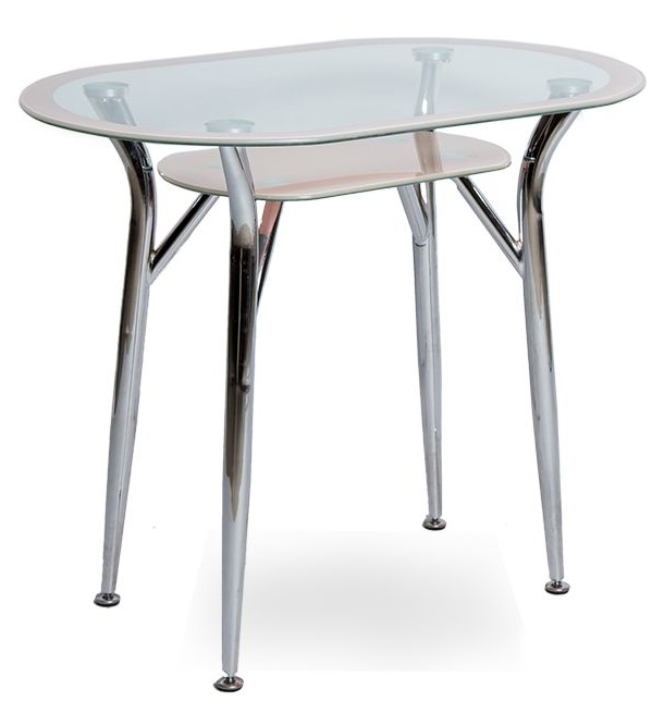 Овальный стеклянный стол с окантовкой по периметру и полочкой. Цвет кремовый
