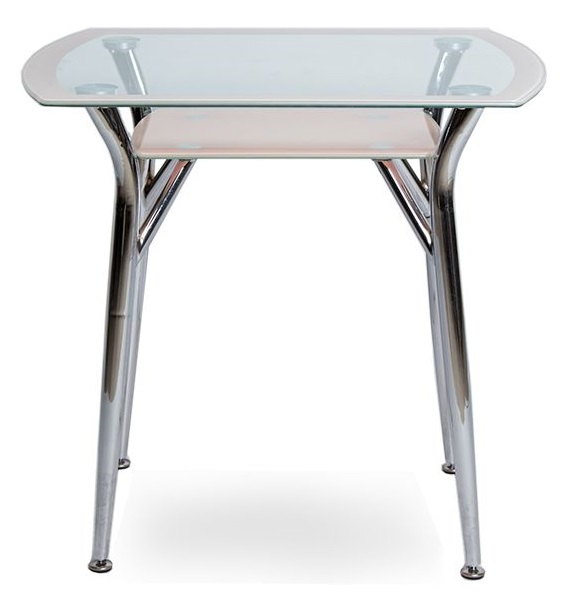 Прямоугольный стеклянный стол с окантовкой по периметру и полочкой. Цвет кремовый.