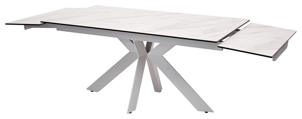 Раздвижной стол из стекла и керамики на металлическом каркасе. Цвет белый мрамор.