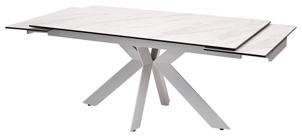 Раздвижной стол из стекла и керамики на металлическом каркасе. Цвет белый мрамор.